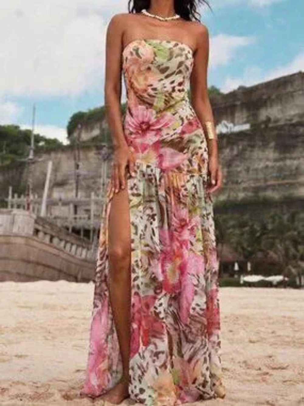 Multicolor Party Women's Floral And Leopard Print Mesh Strapless Bodycon Dress